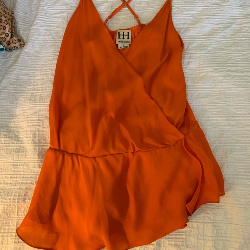 Haute Hippie orange silk peplum cross over cami